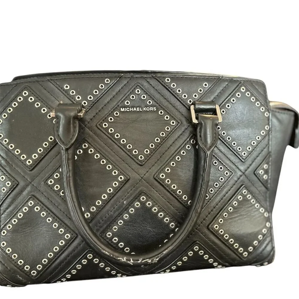 Michael Kors Selma Black‎ Leather Satchel Bag Diamond Grommet Accents